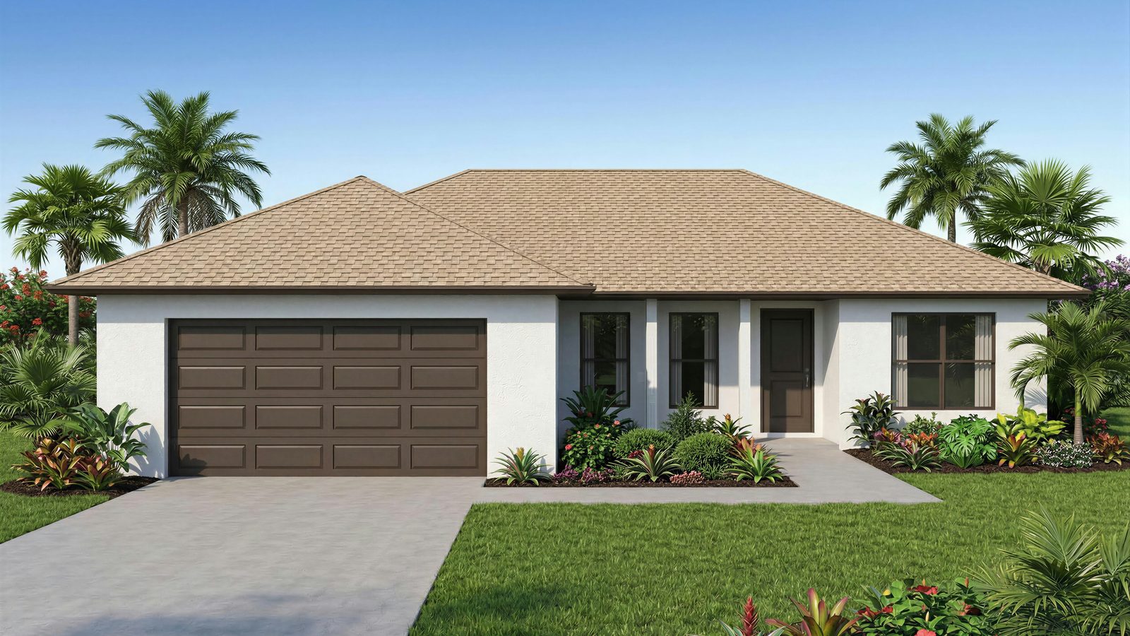 Single-story Florida home with white stucco walls, a brown garage door and palm trees